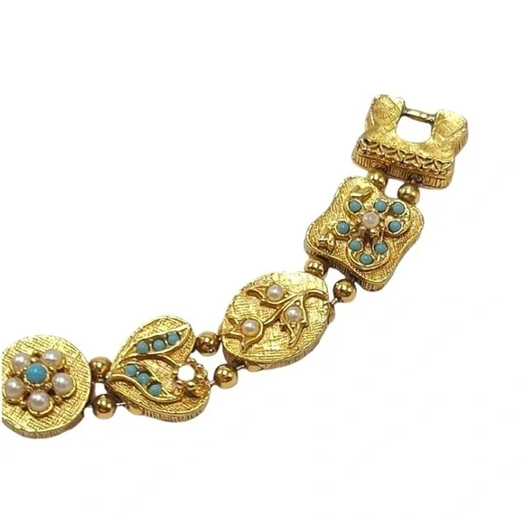 Vintage 60s Gold Tone Slide Carm Bracelet Faux Turquoise & Pearl Victorian - Picture 4 of 6